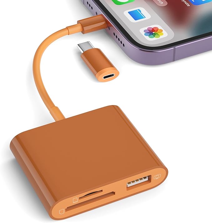 SD Card Reader for iPhone, Memory Card Reader with USB-C to Light-ning Adapter Plug and Play Trail Game Camera Micro SD Card Viewer Support SD/TF Card and USB for iPad No App Required (Terracotta)