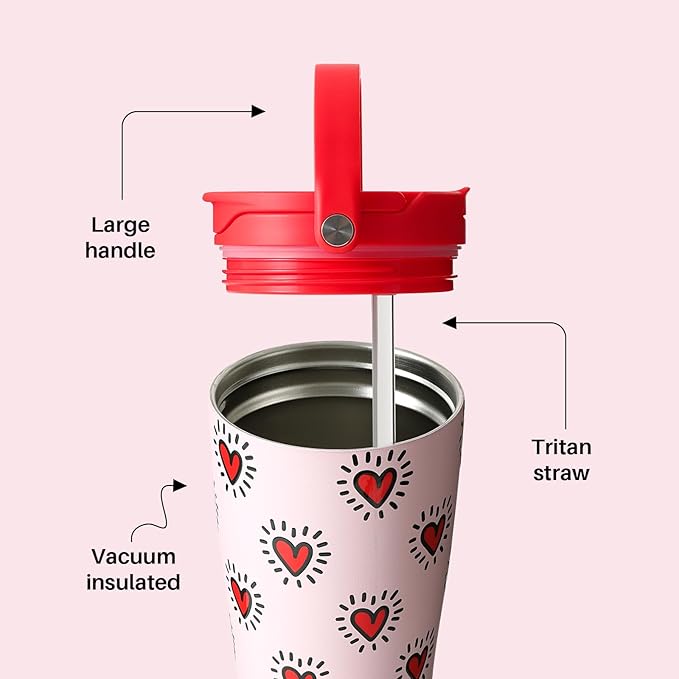 BOTTLE BOTTLE Insulated Tumbler with Handle & Straw Lid, 30oz Stainless Steel Leak-Proof Water Bottle for Hot & Cold Drinks, Add Ice Without Unscrewing, BPA-Free for Travel, Office(Heart Beats)
