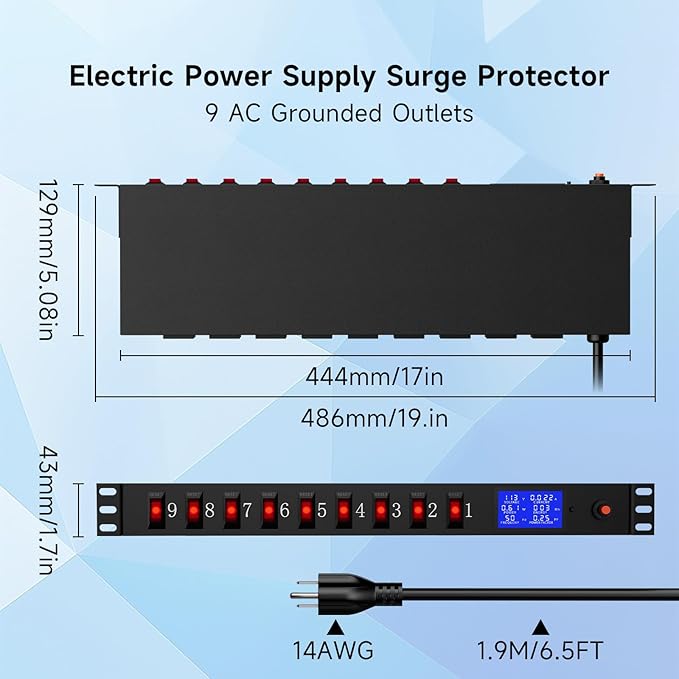 9 Outlet Rack Mount Power Strip with Individual Switches, PDU Surge Protector 15A 125V 1875W, 1U Server Rack Power Distribution Unit with Overload Protection and Power Monitoring, 6.5FT Cord