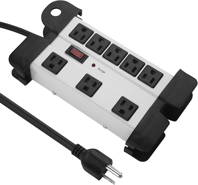 Heavy Duty Surge Protector for Appliances, 8 Outlet Workshop Power Strip with 1200 Joules, Metal with 6FT Extension Cord and Wide Spaced. Grey