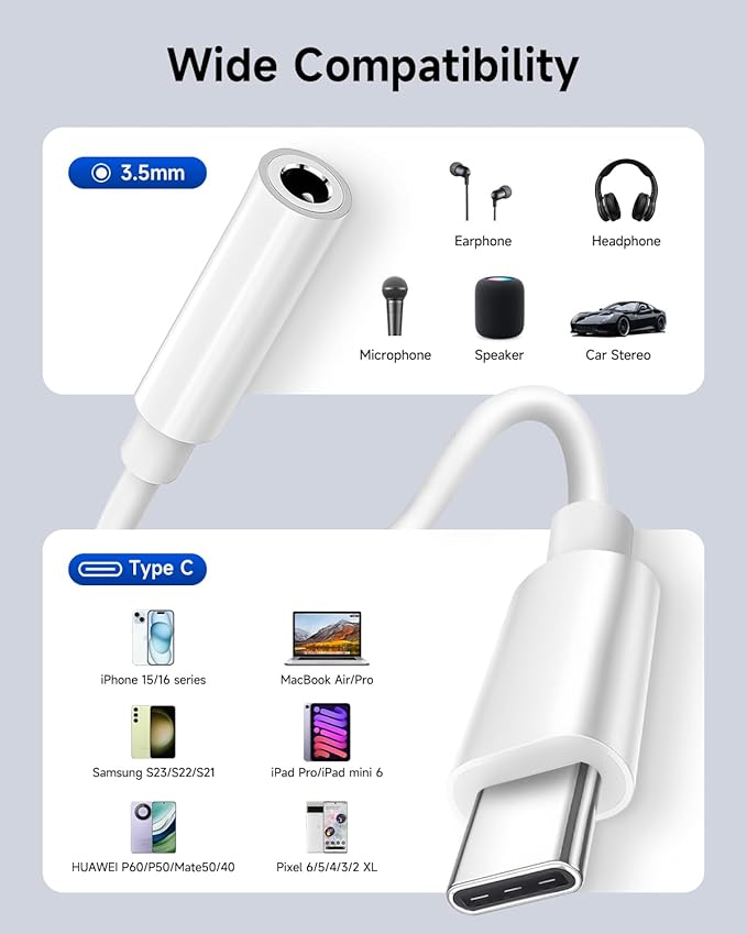 USB C to 3.5mm Audio Headphone Adapter, Type C to Jack Dongle Adapter Cable Cord Compatible with Apple iPhone 17/16/15 Pro Max Plus, iPad, MacBook, Samsung Galaxy S24 S23 S22 S21 Ultra (500-Pack)