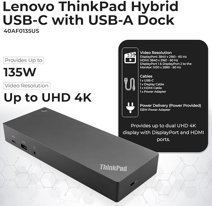40AF0135US Lenovo Docking Station Dual Monitor Hybrid USB-C with USB-A - 1 Year Warranty, Thinkpad Dock w/ 135W Adapter, HDMI, DisplayPort, USB-C Cable, Cloth - Lenovo Laptop Docking Station