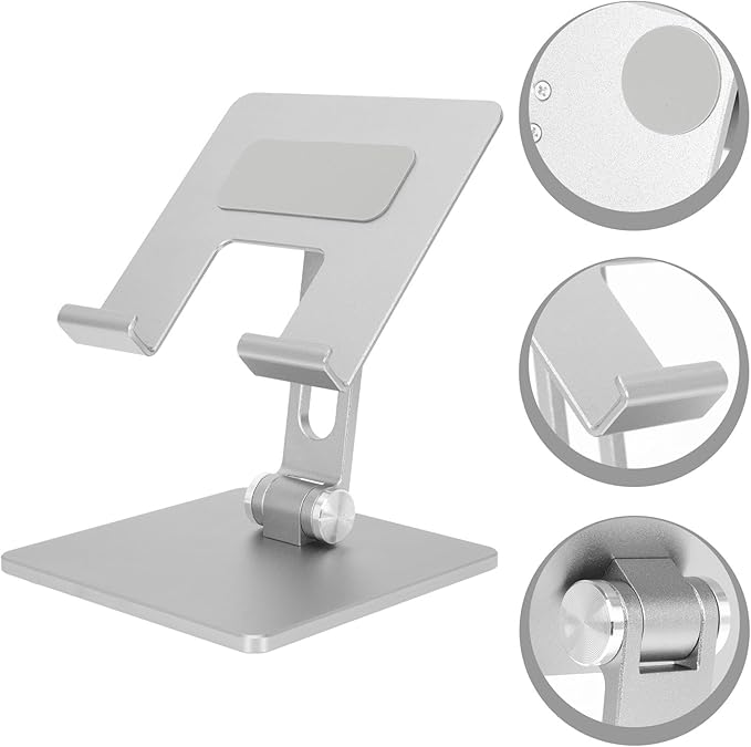 MUELODSIC Folding Aluminum Alloy Tablet Stand and Adjustable Laptop Holder for Desk Use, Portable Foldable Tablet Bracket Compatible with Ipad, Silver Gray Design for Home and Office