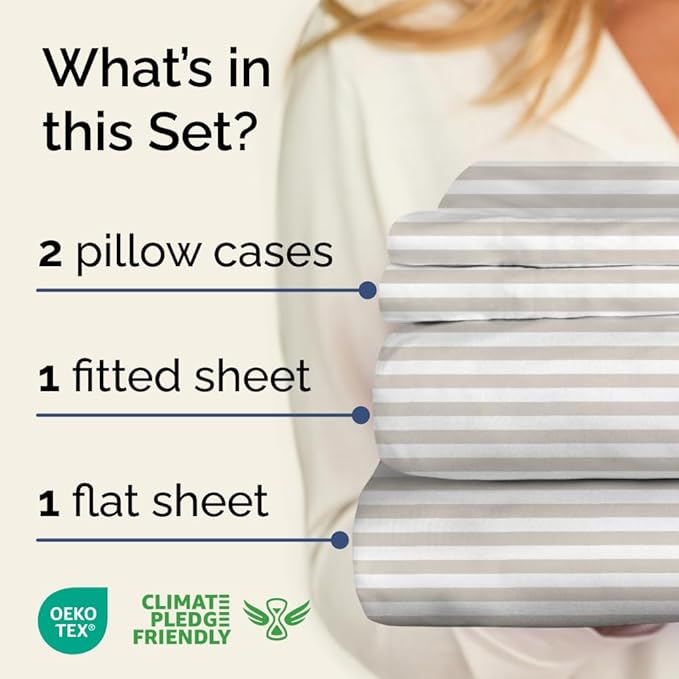 Light Grey and White Striped Sheets - 1 Flat & 1 Fitted Sheet & 2 Pillowcases w/ Deep Pockets - Wrinkle & Fade Resistant, Ultra-Soft, Breathable & Cooling - Luxury Pinstripe Bedding - Queen Size
