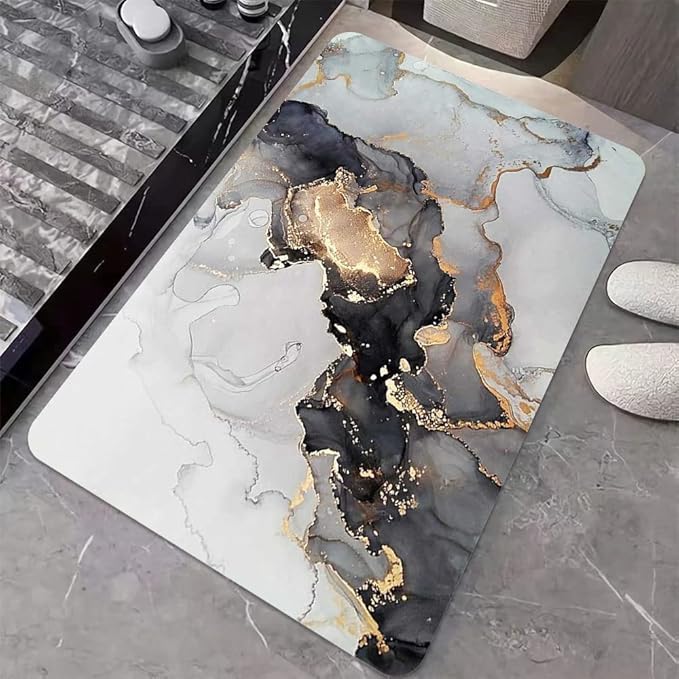 Diatomaceous Earth Bath Mat,Grey Gold Marble Non-Slip Volume Super Absorbent Fast Drying for Bathroom Kitchen Door mat,Eco-Friendly Easy to Clean 20×31Inch (50 * 80cm)