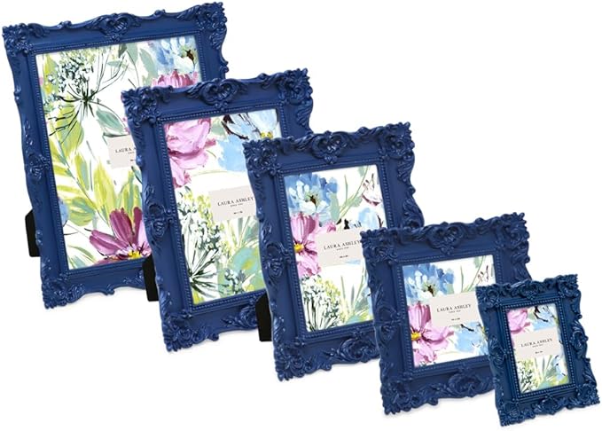 Laura Ashley 2x3 Navy Ornate Textured Hand-Crafted Resin Picture Frame with Easel, for Tabletop & Wall Display, Decorative Floral Design Home Décor, Photo Gallery, Art & More (2x3, Navy)