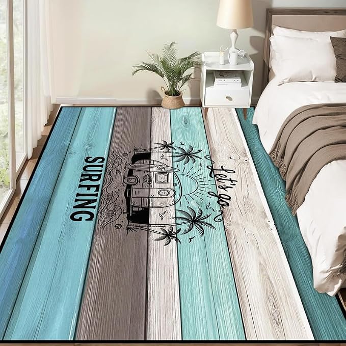 Surfing Area Rug Beach Van Palm Tree Carpet Retro Wood Grain Striped Rugs Non Slip Washable Floor Mat for Bedroom Living Room Nursery Playroom Classroom Home Decor,4'x6'