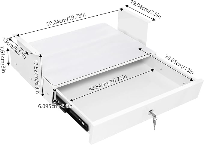 LEYSRIS 19.78" Under Desk Storage Drawer, Locking Design White Sliding Pull-Out Drawer for Sit Stand Workstation