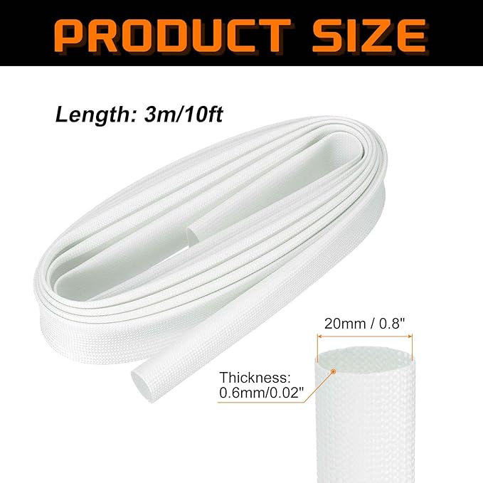 MECCANIXITY 10ft Braided Cable Sleeve, 0.8" ID 200C High Temperature 1500V Fiberglass Wire Insulation Cord Protector Organizer Wires Management for Motor Engine Fuel Line, White