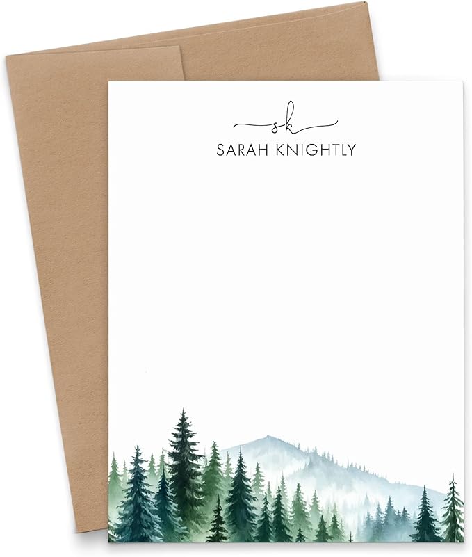 Personalized Tree Watercolor Note Cards With Envelopes, FLAT Stationery Monogram Notecards With Trees, Custom Monogrammed Nature Stationary Set With Initials, Your Choice Of Colors And Quantity