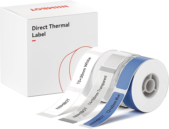 NIIMBOT Label Maker Tape for D110/D11/D101 Label Printer, Multi-Size 3Rolls Pack | 0.59'' x 1.18''White, 0.55'' x 1.97''Transparent, 0.47'' x 1.57''Blue, for Home Office School Labeling