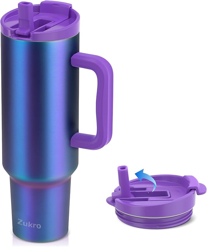Zukro 50 oz Tumbler With Handle and Flip Straw, Leak Proof Lid, Double-Wall Stainless Steel Water Bottle for Home, Oiffce, Work, Large Vacuum Insulated Travel Cup Fit in Cupholder, BPA-Free, Aurora