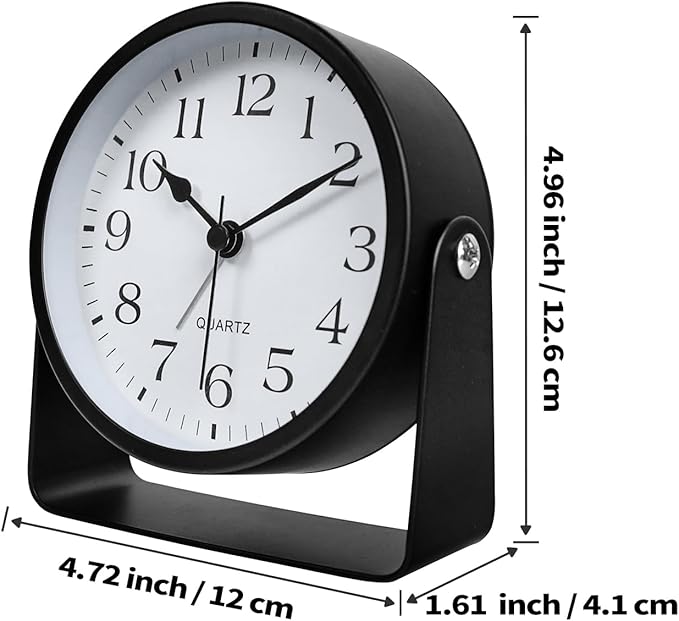 SCOAGE Small Luminous Desk Analog Alarm Clock Metal Bracket 360° Rotating Shelf Clock with Light Battery Powered Bedside Silent Cute Alarm Clock for Heavy Sleepers Elderly and Children Office Bathroom