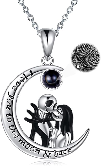 LILALO Christmas Gifts Nightmare Necklace Sterling Silver Abalone Shell Crystal Jack and Sally Necklace Jack Skellington Skull Jewelry Skull Necklaces for Women