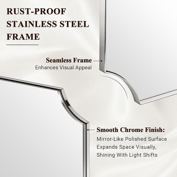 ANDY STAR 36"x48" Large Bathroom Mirror, Chrome Vanity Mirror, Scalloped Rectangle Mirror in Rustproof Stainless Steel Thin Frame, Aesthetic Scalloped Corner Design, Ideal for Large Bathroom Remodel