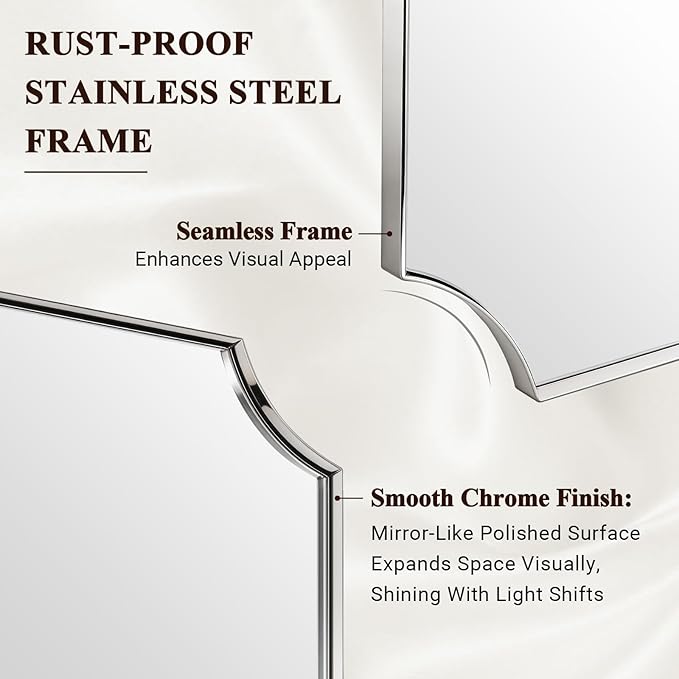 ANDY STAR Chrome Mirror 22x30 Inch, Scalloped Bathroom Mirror, Polished Chrome Framed Mirror in Anti-Rust Stainless Steel Metal Thin Frame Deep 1’’, Unique Scalloped Edge Design
