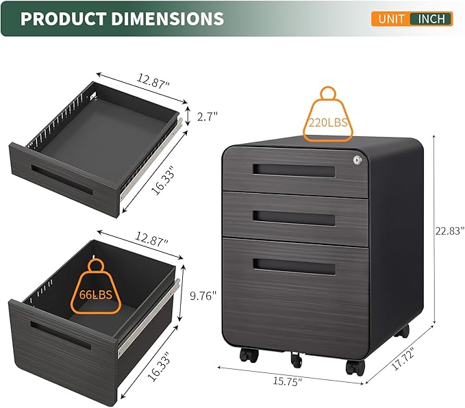 3 Drawer Mobile File Cabinet with Lock,Rolling Under Desk Storage Organizer,Fits A4/Letter/Legal Files, Metal Frame with Wheels for Home & Office