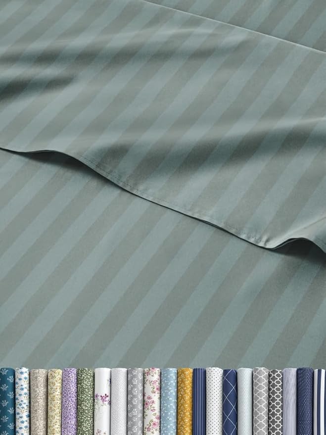 Striped Sheets - Green Striped Sheets - 1 Flat & 1 Fitted & 2 Pillowcases w/ Deep Pockets – Comfy, Wrinkle & Fade Free - Ultra-Soft, Breathable & Cooling – Luxury Pinstripe Bedding - King Size Bed Set