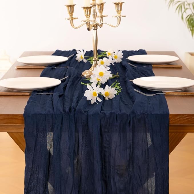 Socomi 10pcs Navy Blue Fall Thanksgiving Cheesecloth Table Runner Boho Rustic Gauze 120 inch 10FT Cheese Cloth Runner for Wedding Party Baby Shower Birthday Home Decor Holiday Decorations