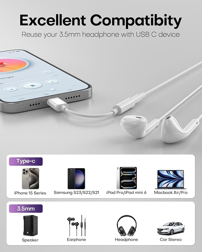 USB C to 3.5mm Audio Headphone Jack Adapter (2Pack), Aux to USB C Dongle Cord Cable Compatible with iPhone 17/16/15, iPad Pro, Samsung Galaxy S25 S24 S23 Ultra/Google Pixel - White