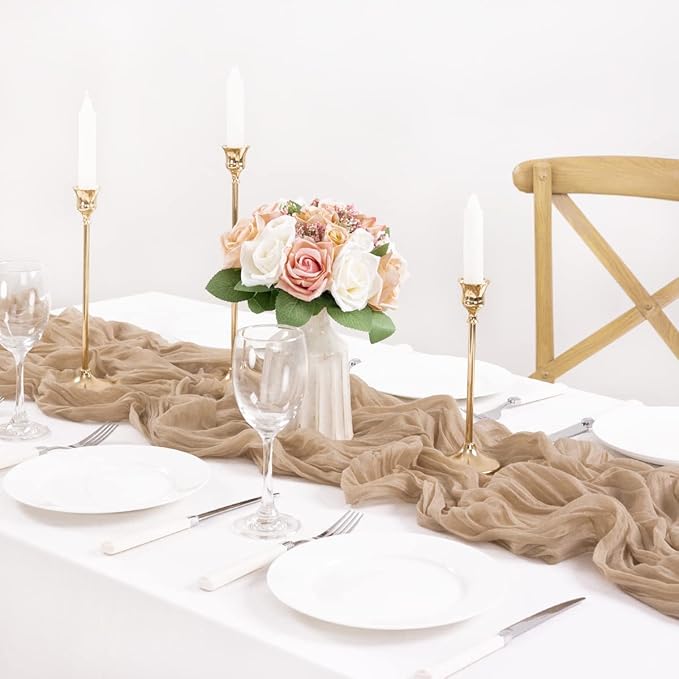 MLMC 8 Pack Nude Cheesecloth Table Runner Boho Rustic Gauze Taupe Cheese Cloth Table Runner 10ft Neutral Home Winter Decor 35x120 Inches for Reception Wedding Bridal Shower Picnic Decor