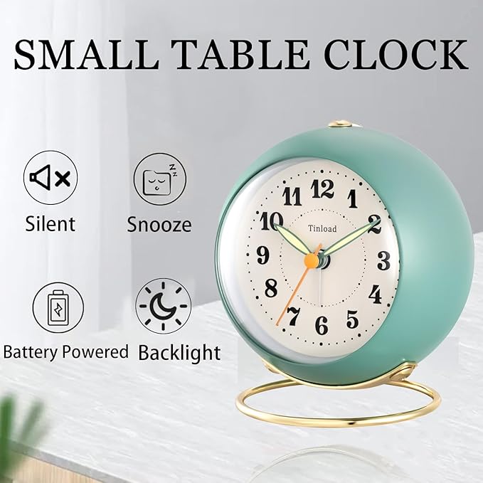 Tinload Analog Alarm Clock, Retro Simple Design Small Desk Clock with Manual Light, Battery Operated, Snooze, for Kids,Bedroom,Travel,Kitchen,Bedside Desktop(Green)
