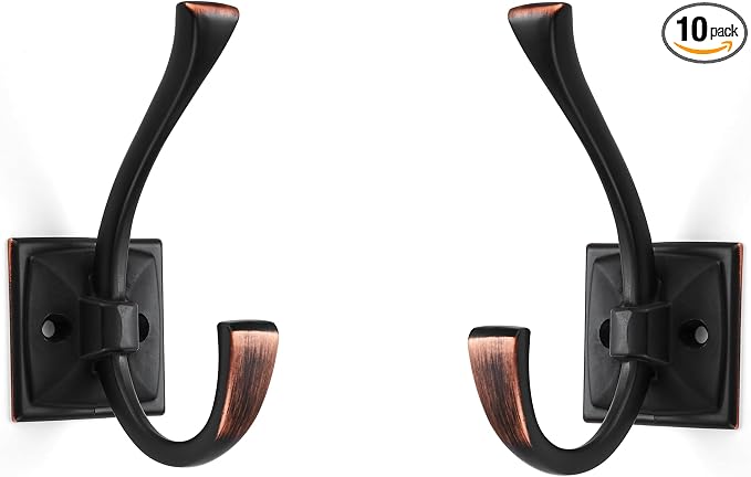 Large Wall Hooks 10 Pack Oil Rubbed Bronze Coat Hooks Hardware Towel Hooks for Hanging Coats 4.35 Inch Double Robe Hooks Wall Mounted with Screws for Key, Towel, Bags, Cup, Hat