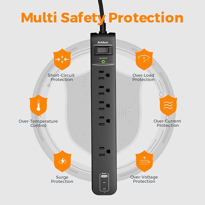 6Ft Power Strip Surge Protector - Addtam Extension Cord with 5 AC Outlets 3 USB Ports(2 USB C), 1875W/15A, Flat Plug, Outlet Extender for Home Office Supplies College Dorm Room Essentials,ETL Listed