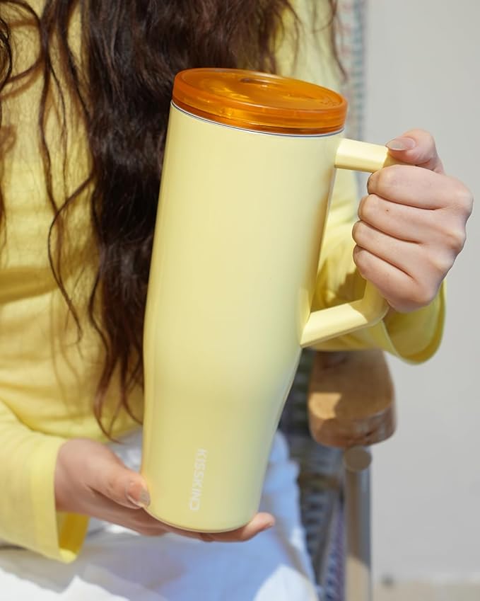 KISSKIND 40 oz Lumispin Tumbler with Handle and Hidden Straw, 100% Leak Proof Water Cup with Handle, Insulated Water Bottle for Travel, Mom, Nurse, Teacher, Student, Butter Yellow