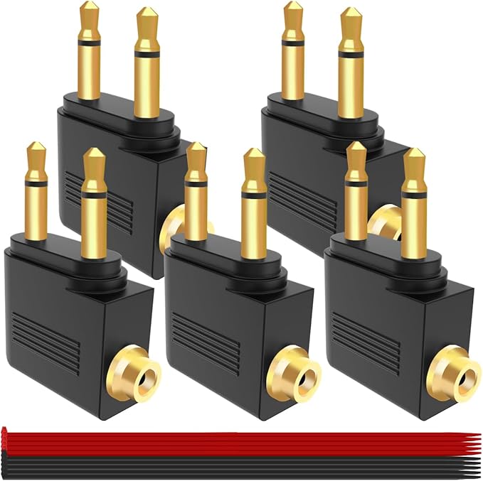 MKBKLLJY 5PCS Dual 3.5mm Male to 3.5mm Female Airplane Headphone Adapter Gold Plated Plug Socket Jack Stereo Aux Connectors Converters with Cable Tie, for Most Airline Dual Audio Jack