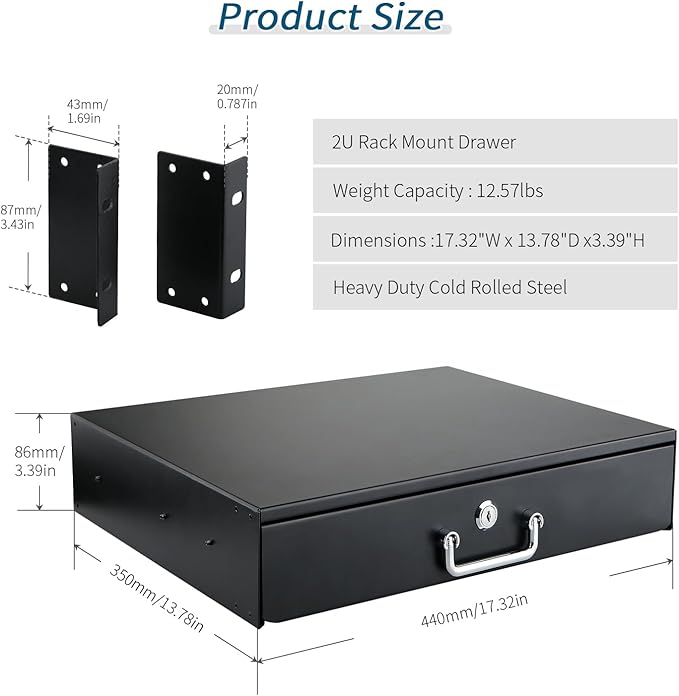 2U Rack Drawer, Designed for 19-inch Network Equipment, Servers or Cabinet Enclosures. Sliding and Lockable Server Rack Drawer Features Cable Management Holes