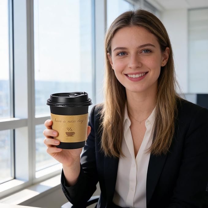 Lamosi 10 oz Coffee Cups with Lids 100 Pack, Disposable Coffee Cup with Stir Sticks and Sleeves, To Go Hot Paper Cup for Home, Travel, Office