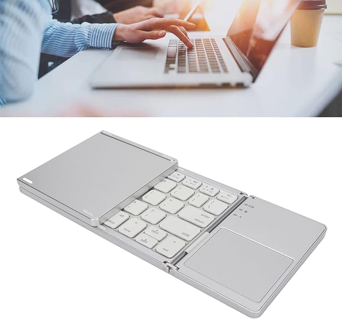 Wisoqu Foldable Keyboard with Touchpad, 3 Folding Wireless Keyboard 63 Keys 10m Connection USB Charging, for iOS for Laptop Tablet Smartphone (Silver White)