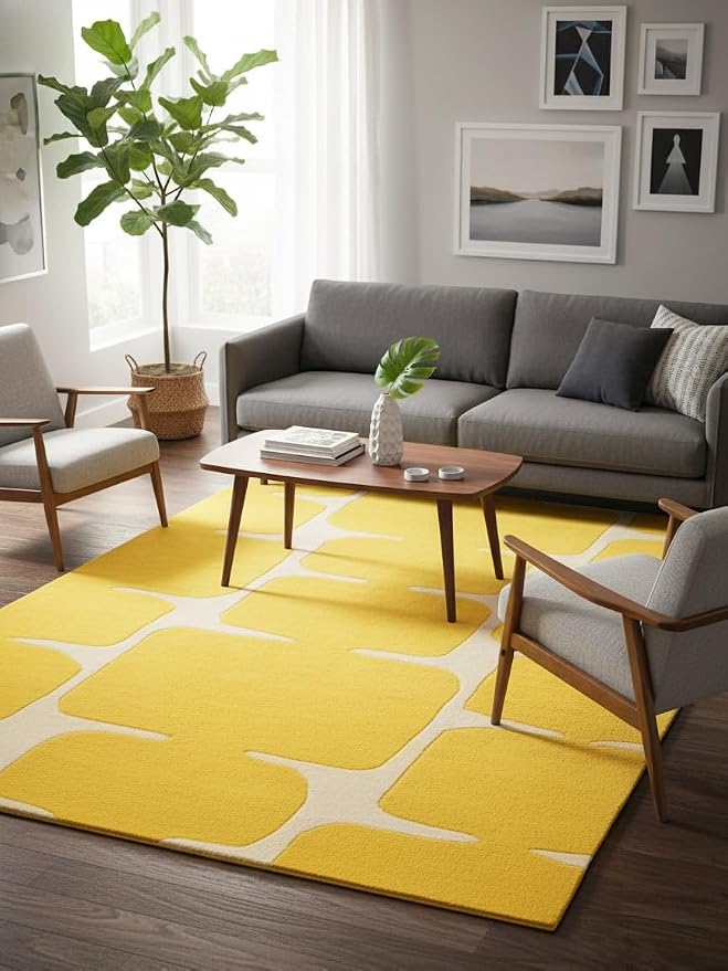 Restoration and Renovation Modern Wool Area Rug - Contemporary Abstract Geometric Design, Thick & Soft Hand-Tufted Carpet - Ideal for Indoor Decor in Living Room, Bedroom (Honey, 6' Round)
