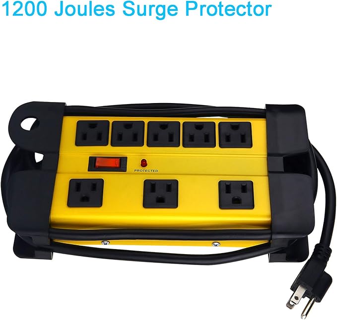 Heavy Duty Surge Protector for Appliances, 8 Outlet Workshop Power Strip with 1200 Joules, Metal with 10 FT Extension Cord and Wide Spaced. Yellow
