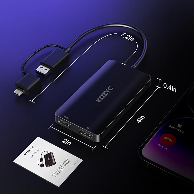 KOZYC USB 3.0 to HDMI Splitter Extended Display Dual Monitors, USB 3.0-A/C to Dual HDMI Adapter 4K@30Hz+1080p@60Hz Compatible MacBook/MacBook Pro Air Dell (MST Support MacOS/Windows)