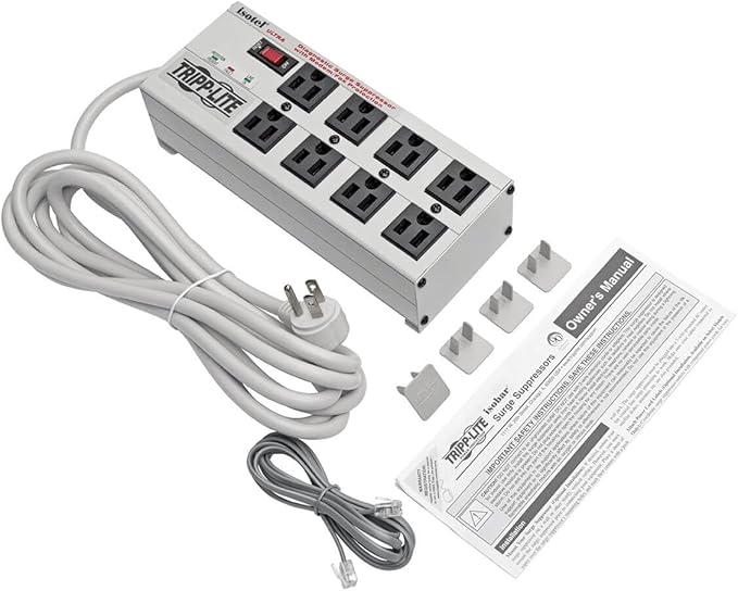 Tripp Lite Isobar 8 Outlet Surge Protector Power Strip, 12ft. Cord, Right Angle Plug, 3840 Joules, Diagnostic LEDs, Tel/Fax/Modem, Metal, (ISOTEL8 ULTRA) , Gray