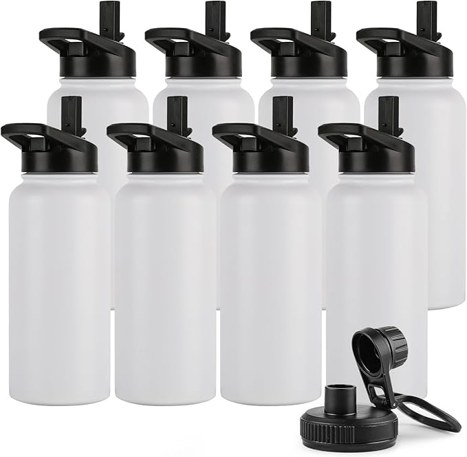 DOMICARE 32 oz Insulated Water Bottle Bulk, Vacuum Insulated Stainless Steel Sports Water Bottle with Straw Lid & Spout Lid, Leakproof, Reusable - Travel, Camping, Bike, White (8 Pack)