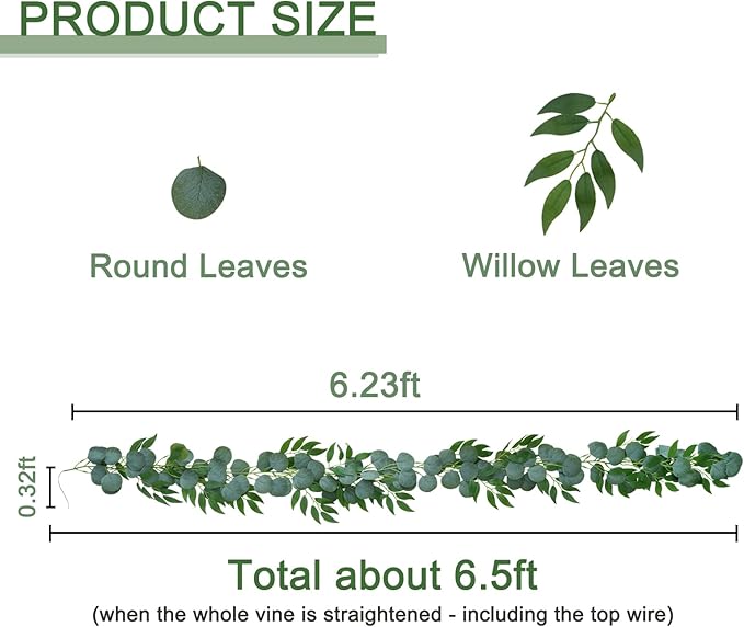 4 Pack Artificial Eucalyptus Garland with Willow Leaves Each 6.5 Feet Fake Greenery Garland Vine for Table Runner Centerpiece Stairs DIY Garlands Decor