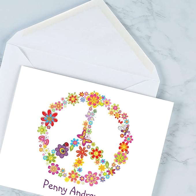 Current Peace Sign Personalized Note Cards - 24 Cards with White Envelopes, 4¼ x 5½ Inch Size, Blank Stationery, Add Names or Text, For Thank You Notes, Invitations, & Announcements