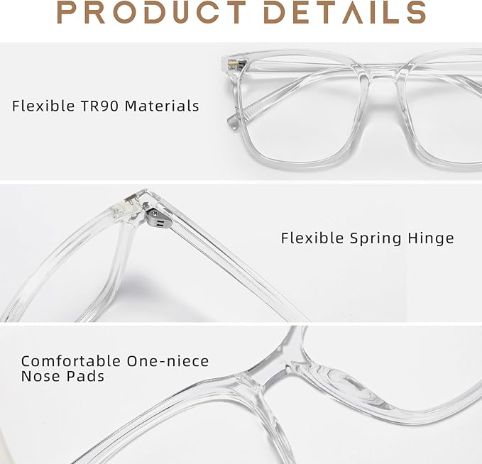 MACJERO Oversized Square Blue Light Blocking Glasses for Women Men, Anti-Fatigue Computer Monitor Gaming Glasses Reduce Eye Strain(transparent)