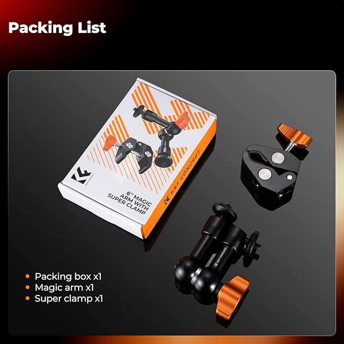 K&F CONCEPT 6" Magic Arm Clamp Kit with 1/4" & 3/8" Thread Screw, 360°Ballhead Articulating Friction Arm with Camera Clamp Mount for Monitor, LED Light, Webcam, Action Camera