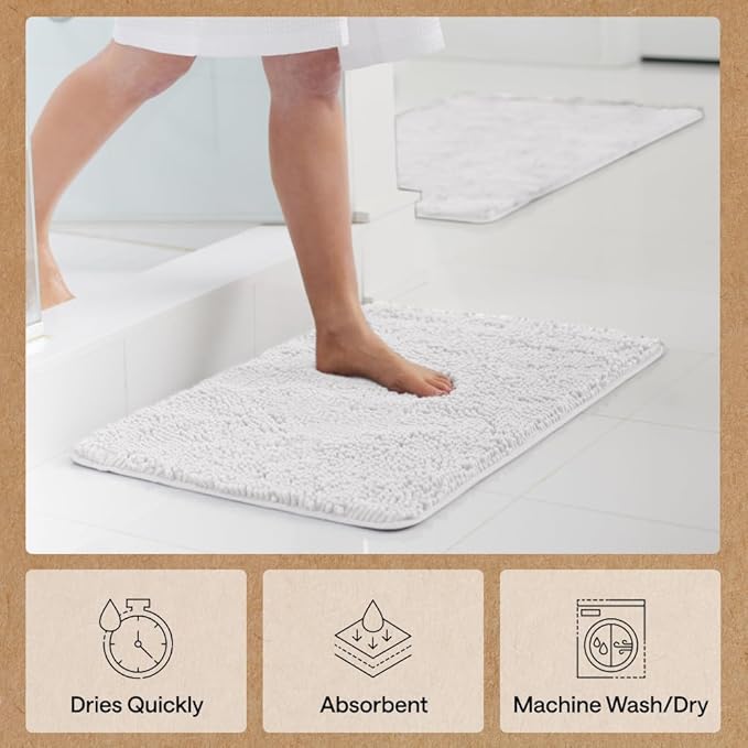 GORILLA GRIP Bath Rug Mat 60x17, Thick Soft Absorbent Chenille, Quick Dry Microfiber Mats, Rubber Backing Washable Shower Floor Rugs, Bathmat Runner, US Designed Bathroom Home Decor Accessories White