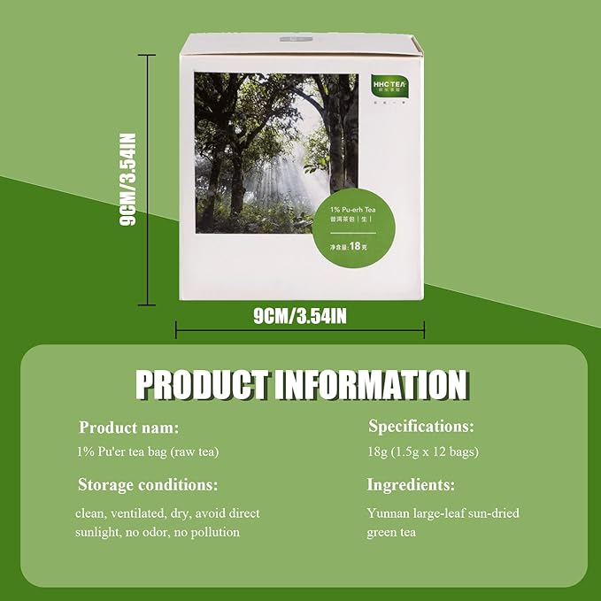 Organic Pu-erh Tea Bags - Raw Chinese Organic Pu erh Dark Tea 12 Pack, 1.5g Each Pu'erh Tea Bag, from Ancient Tree 2018 Aged Earthy Flavor Rich Antioxidants, Daily Breakfast Drinking Gift