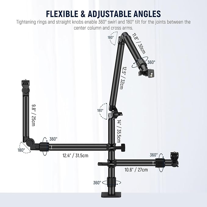 NEEWER Overhead Camera Desk Mount Rig Stand with 2 Boom Arms for Photography Devices: Video Light Ring Light Phone Mount Webcam Mic Compact DSLR for Home Office Studio Live Streaming Broadcast, ST008