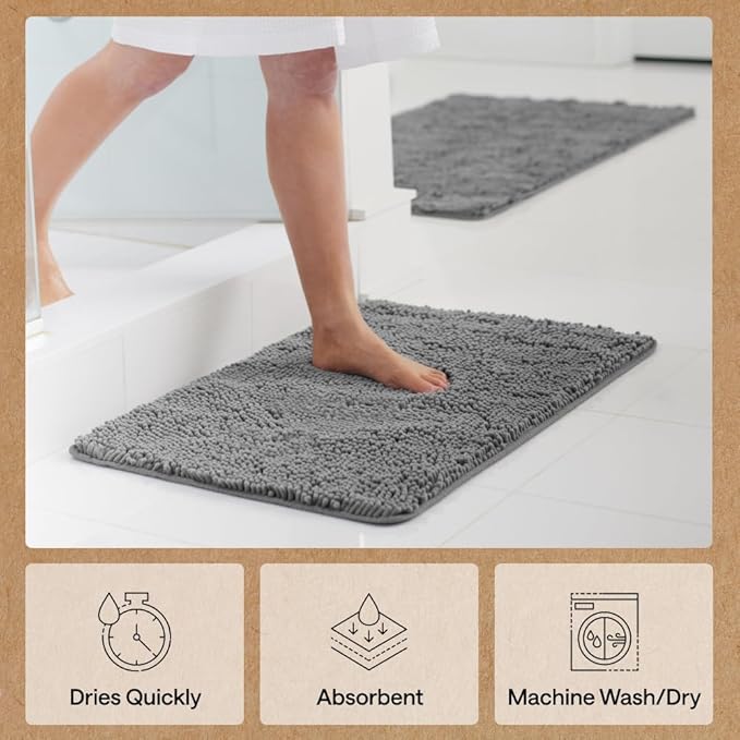 GORILLA GRIP Bath Rug Mat 48x24, Thick Soft Absorbent Chenille, Quick Dry Microfiber Mats, Rubber Backing Washable Shower Floor Rugs, Bathmat Runner, US Designed Bathroom Home Decor Accessories Grey