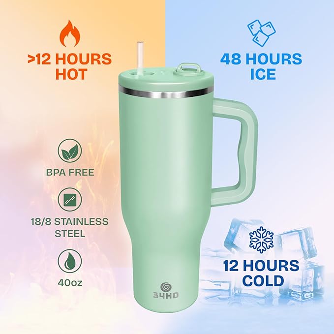 34HD 40 oz Stainless Steel Tumbler - Leakproof Insulated Water Bottle with Handle, Magnetic Lid and Flexible Straw - Iced for 48 Hours – Perfect for Men, Women, Birthday Gift, Green - Matcha Whisper