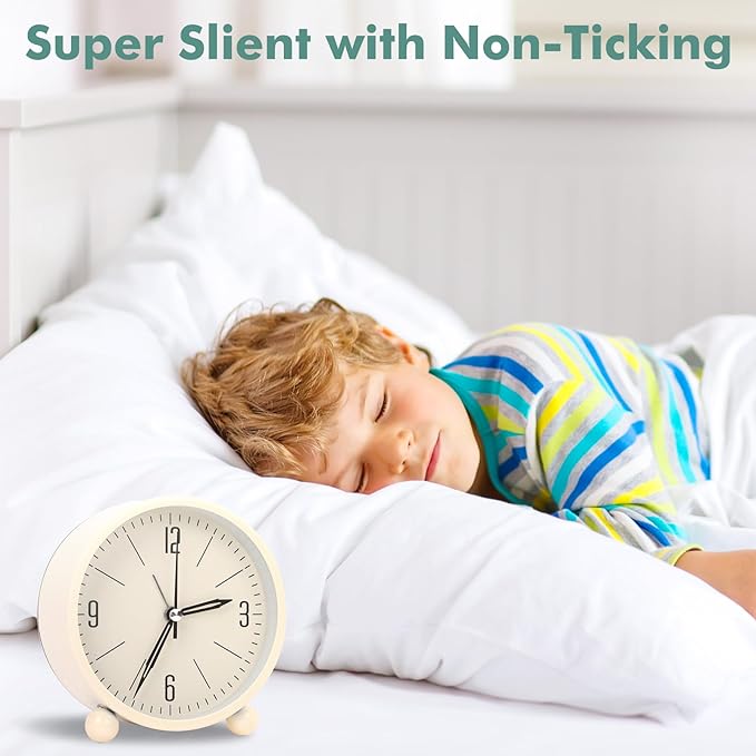 Blusaryme Analog Alarm Clock - 4 Inch Super Silent Non-Ticking, Battery Operated Small Clock with Night Light, Elegant Bedside Desk Clock for Bedroom, Living Room, Office, Student Gift