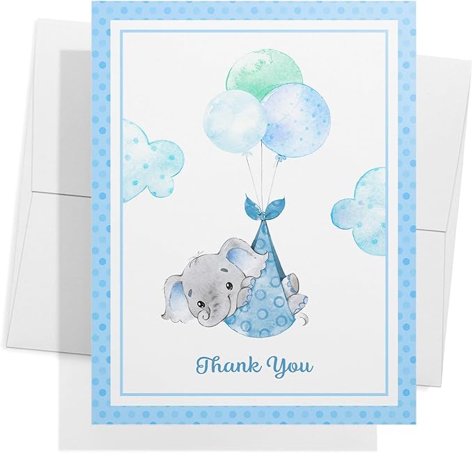 Twigs Baby Shower Thank You Cards with Envelopes - 12 Set Baby Shower Cards for Boy, New Baby Congratulations Cards, Welcome Baby Card, Made in the USA - Blue Elephant Designs, 5.5 x 4.25 Inch Size