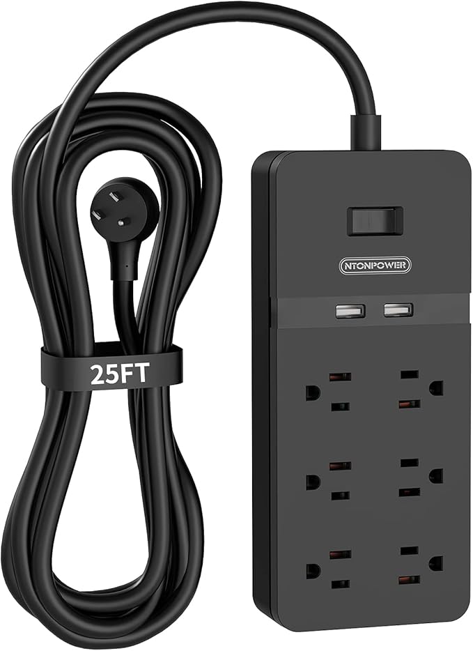 NTONPOWER 25 Ft Extension Cord Flat Plug, Surge Protector Power Strip with 6 Outlets 2 USB, 1875W/15A Circuit Breaker Overload Protection, 1080J, ETL Listed, Wall Mount for Home Office and Workbench